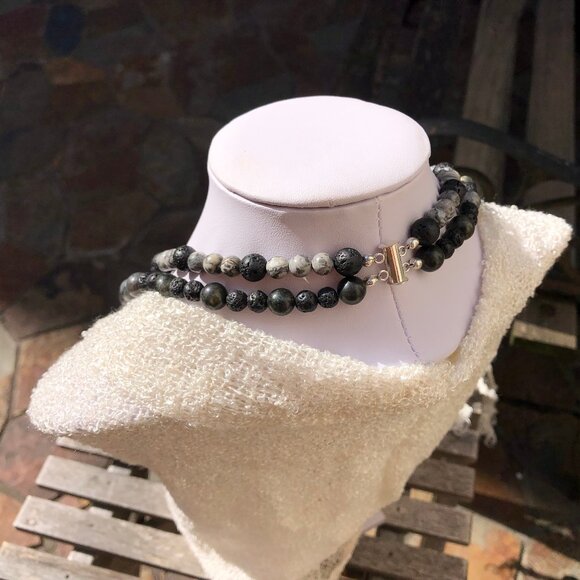 Two-strand natural stone & sterling silver beaded necklace (black/grey) - Picture 2 of 9